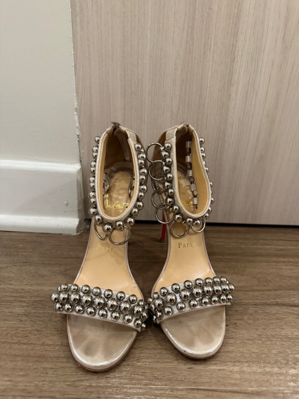 Christian Louboutin Beige Metallic Beaded Ankle-Strap Heels- 35.5